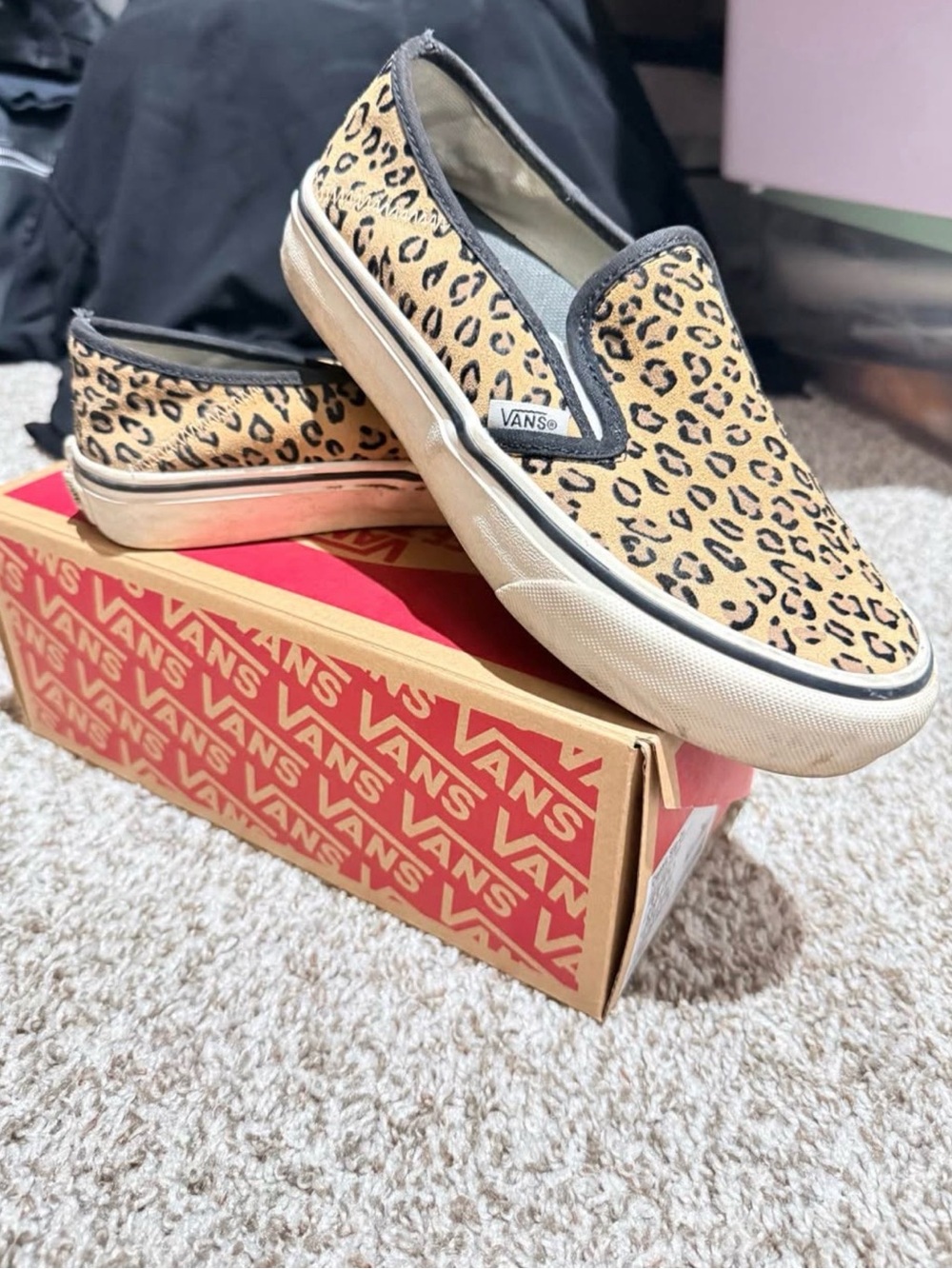 Vans Leopard Print Slip-On Sneakers in Tan and Black (extra cushion model)